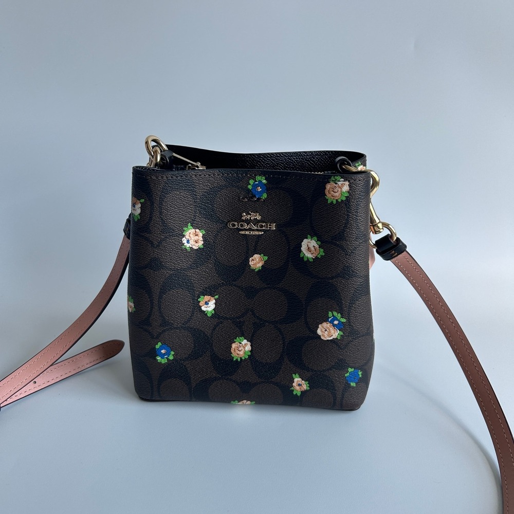 Coach Mini Town Bucket Bag Floral Brown Black Canvas C7270
